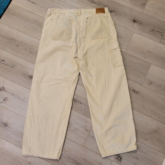 Womens Levis Dad Modern Utility Pants Tan Striped Mid Rise Straight Sz 33 Jeans - Picture 6 of 7